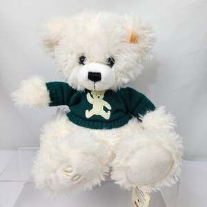Steiff Germany Cosy White Fuzzy 12" Sitting Bear Green Sweater Dated 2008 NWTs